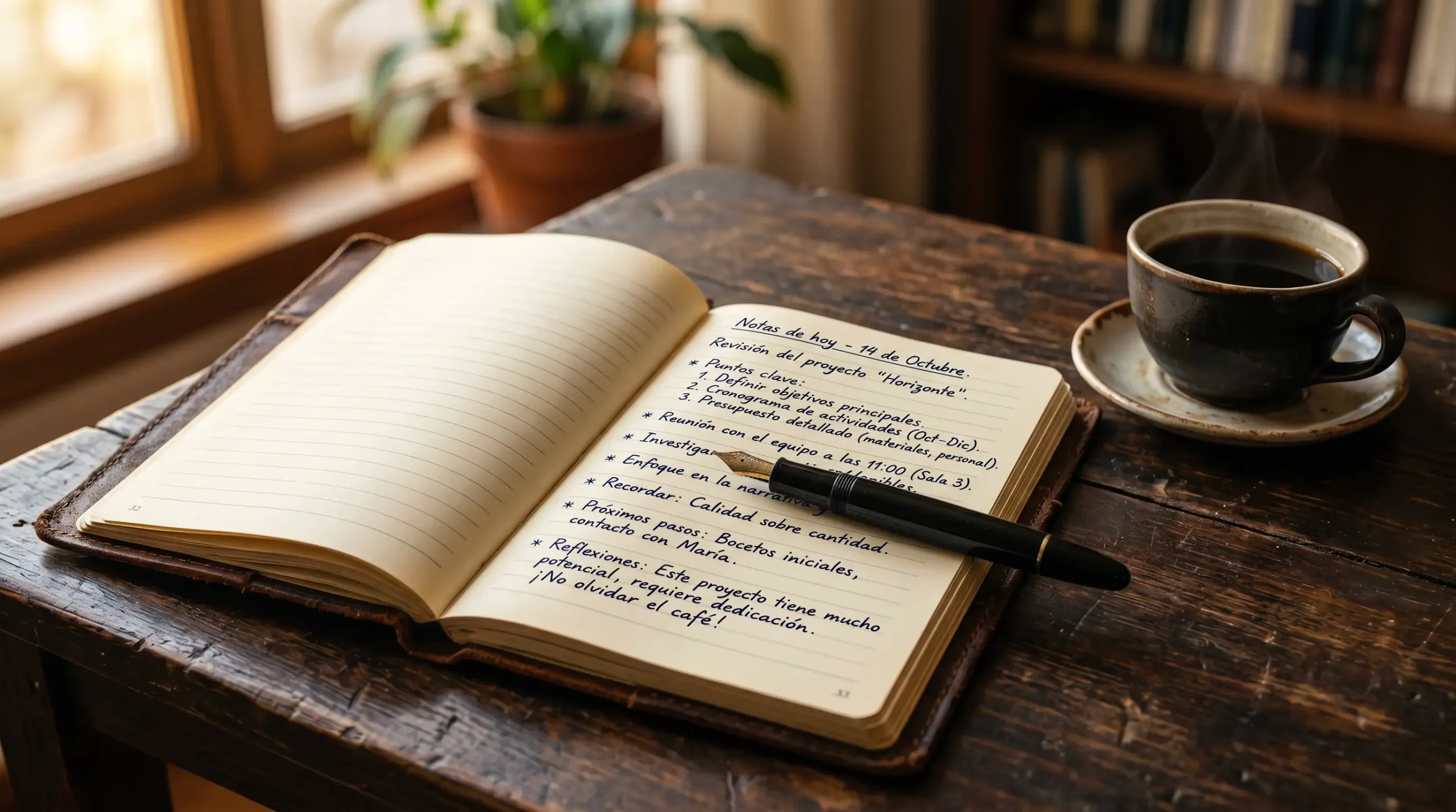 Cuaderno abierto con notas manuscritas en español junto a un bolígrafo y una taza de café sobre una mesa de madera iluminada por luz cálida