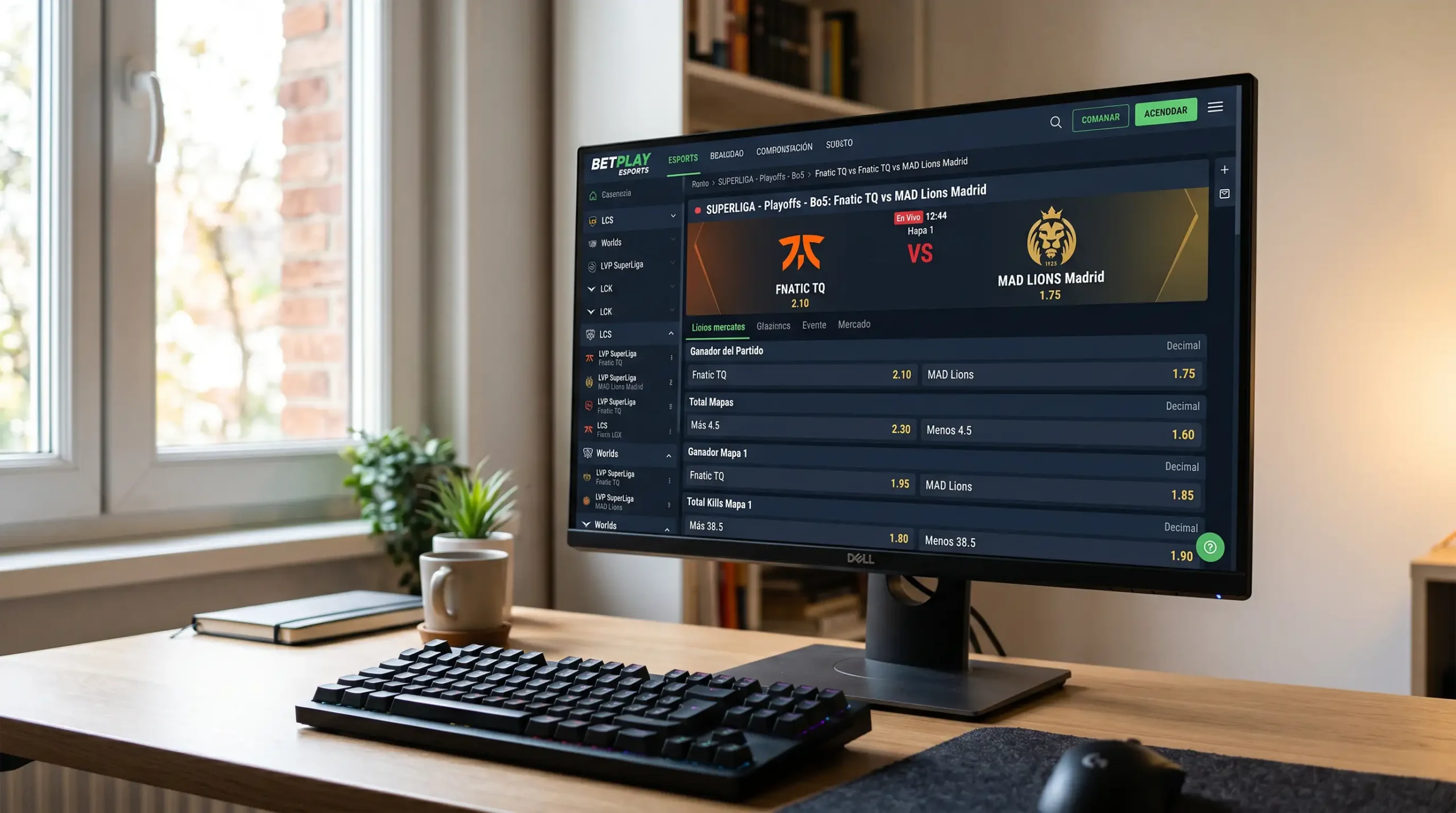 Interfaz de apuestas de League of Legends en una casa con licencia española
