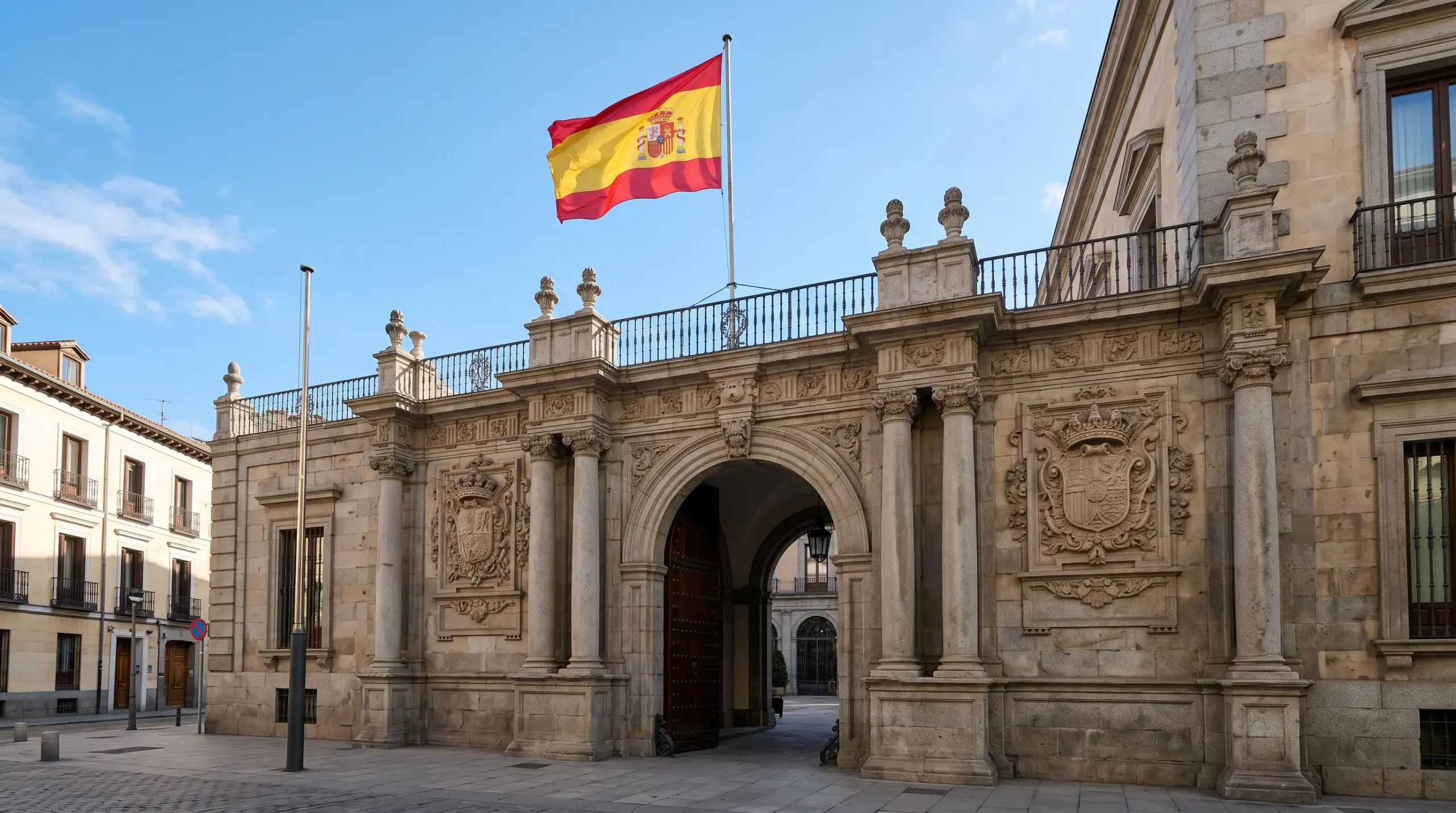 Arco de entrada de una oficina institucional española con bandera de España ondeando al viento bajo cielo sereno