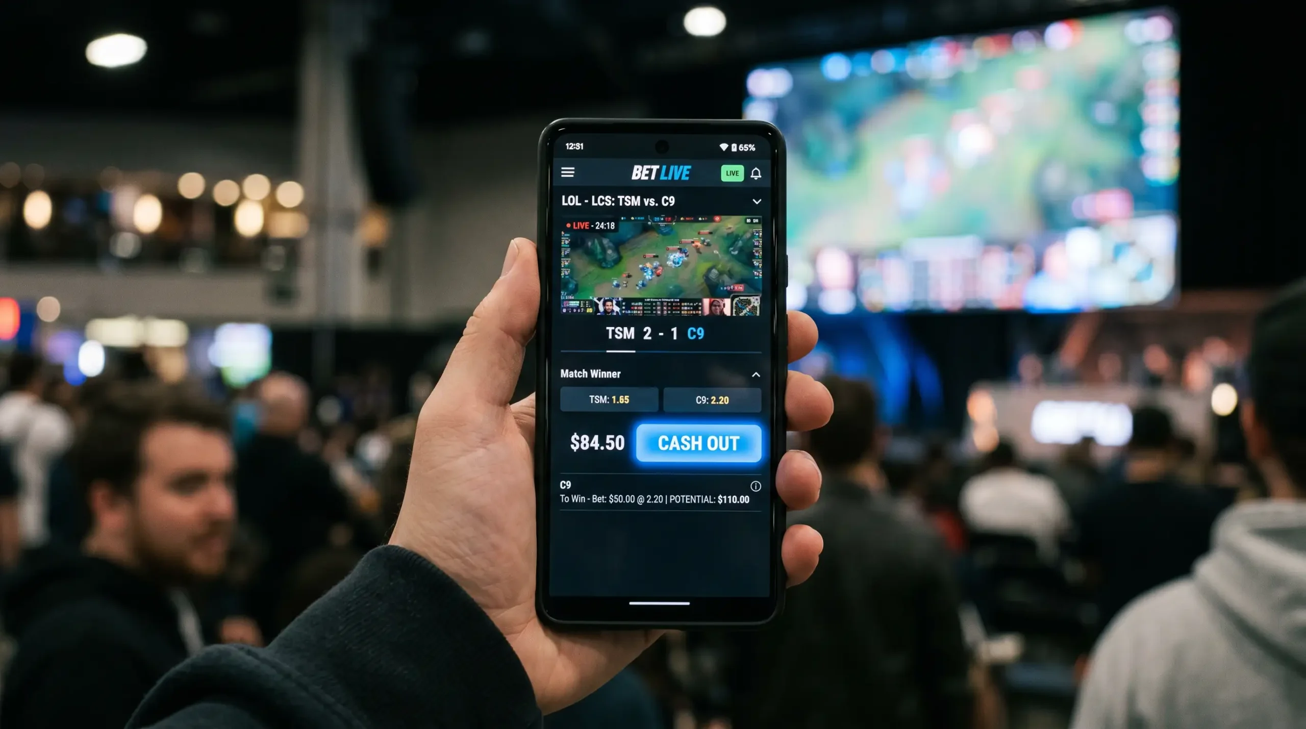 Botón de cash out activo sobre una apuesta en directo de League of Legends