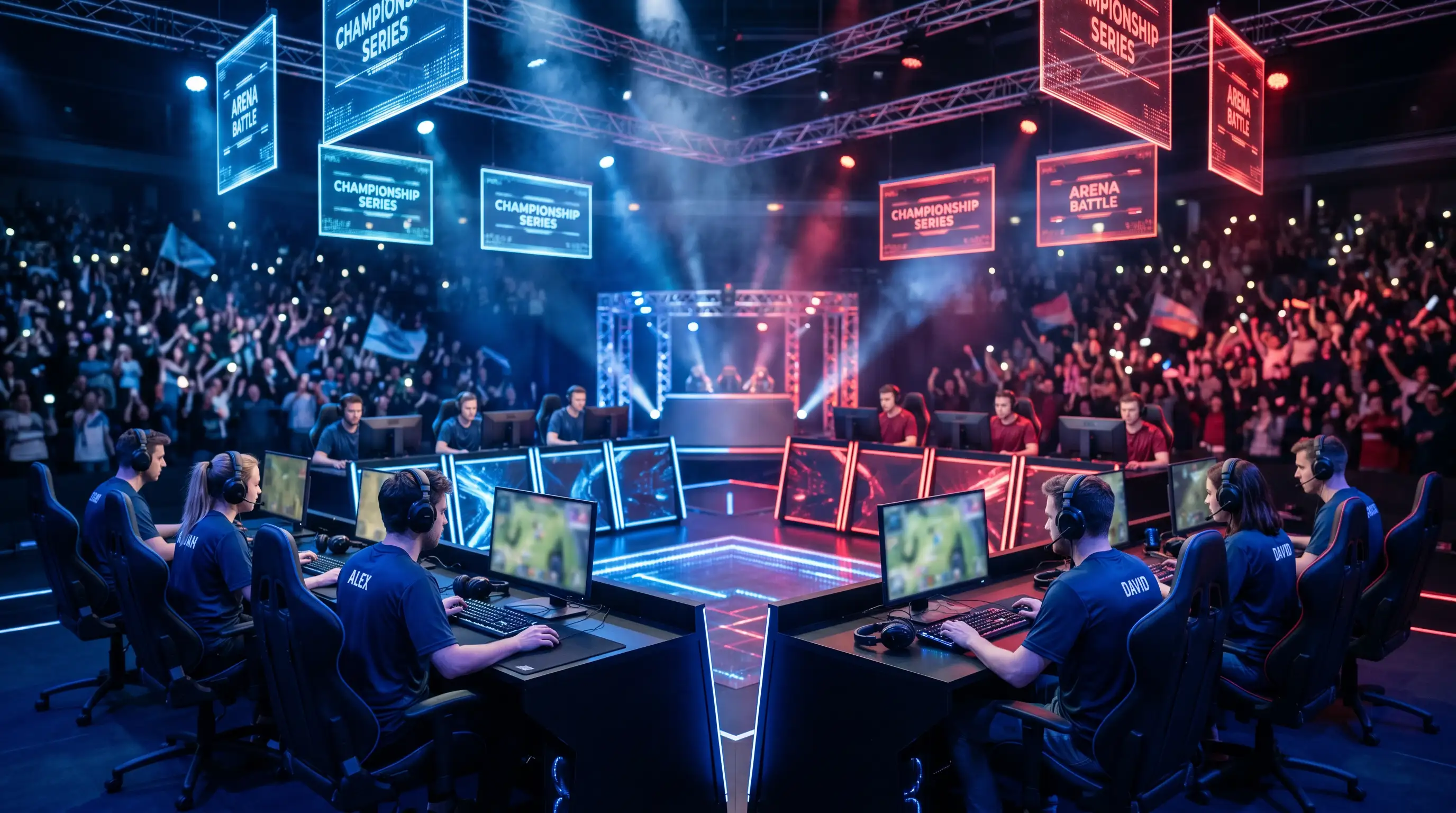 Jugadores profesionales de League of Legends compitiendo en un escenario con gradas llenas de aficionados
