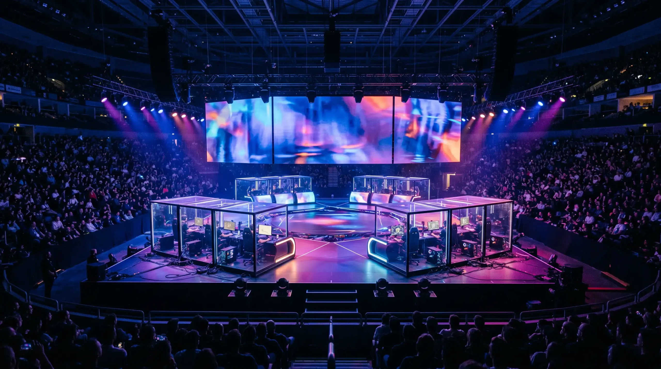 Escenario de competición de League of Legends con cabinas insonorizadas iluminadas por focos azules y morados vistas desde la grada