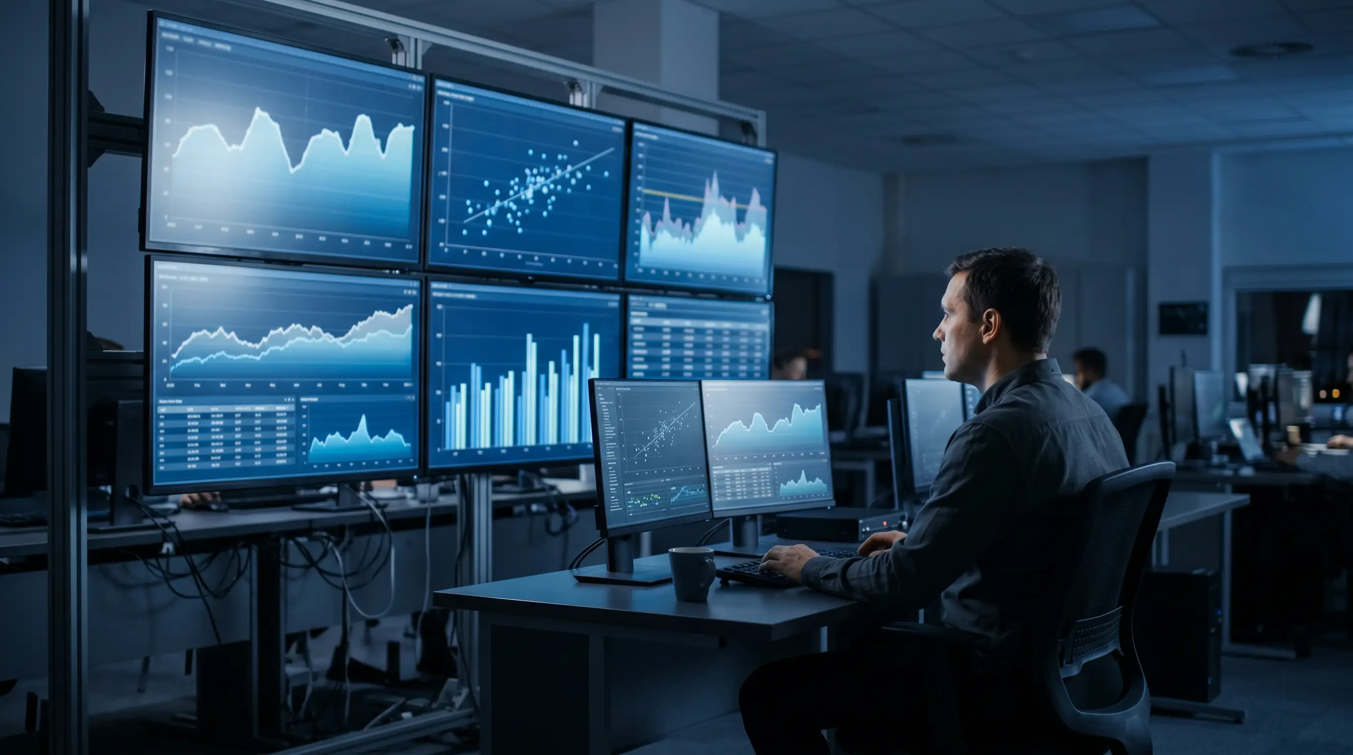 Analista en sala de control revisando paneles de monitorización de apuestas en tiempo real