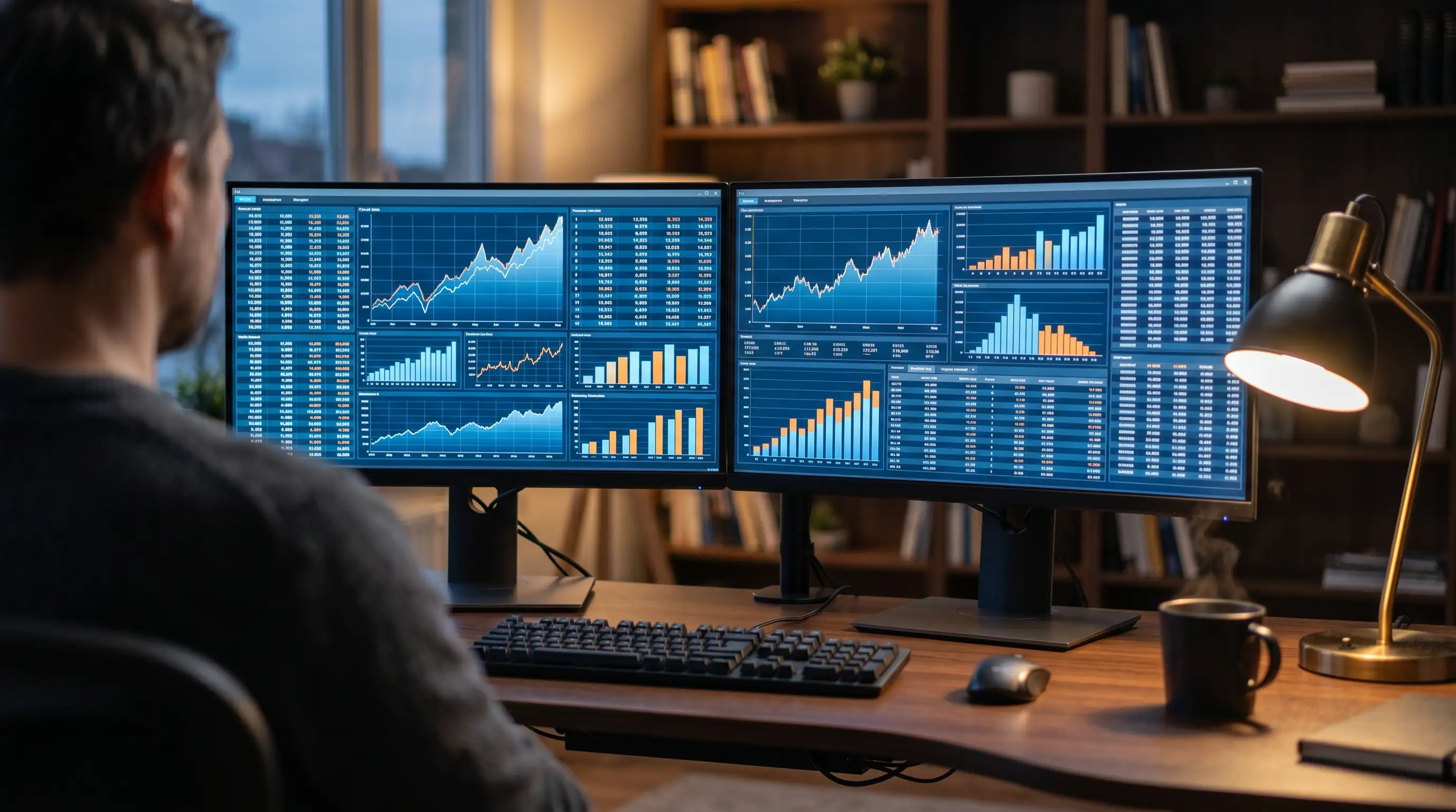 Monitor de pantalla ancha mostrando líneas de tendencia y columnas de datos estadísticos deportivos