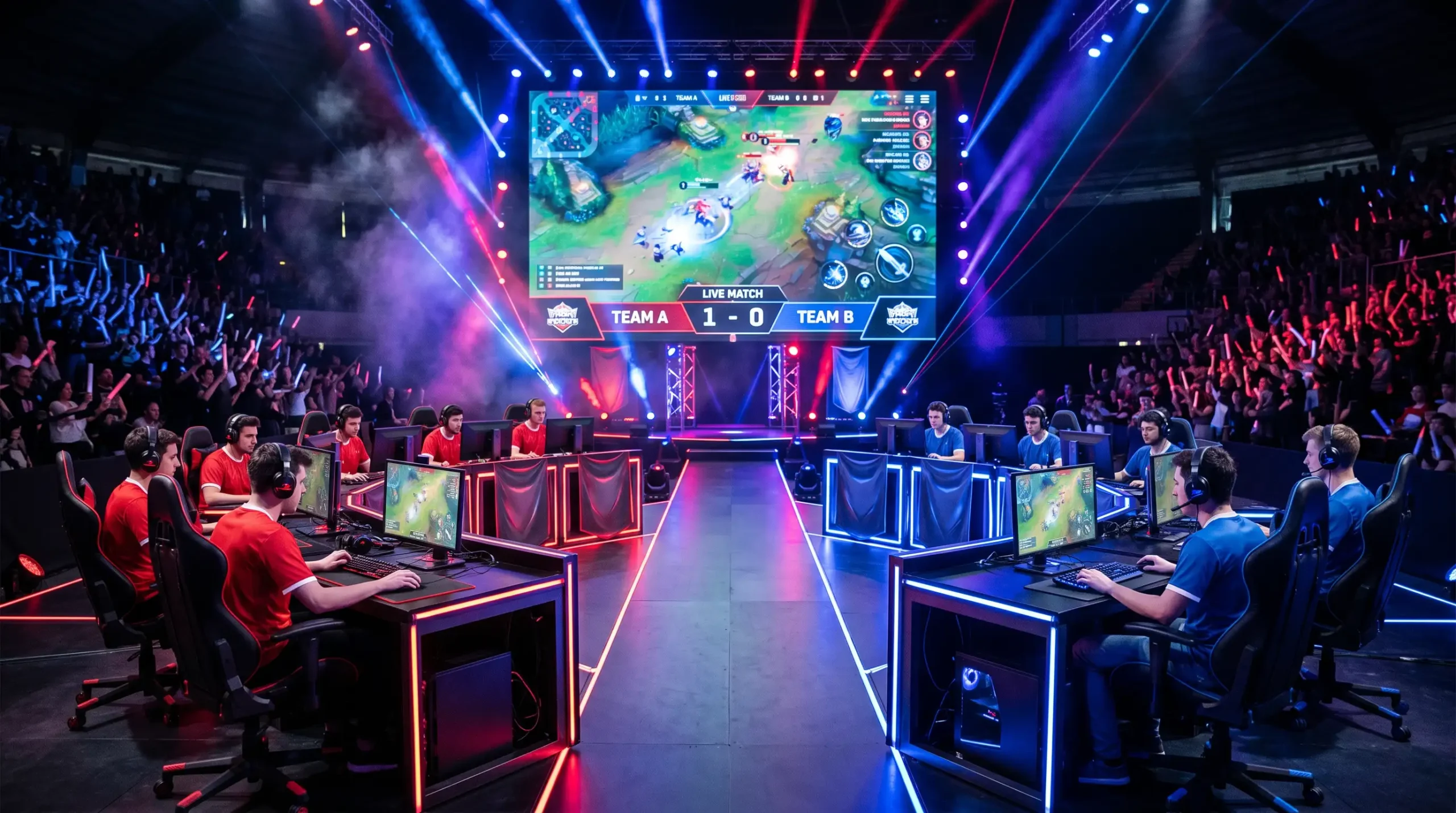 Escenario del Mid-Season Invitational de League of Legends con dos equipos compitiendo